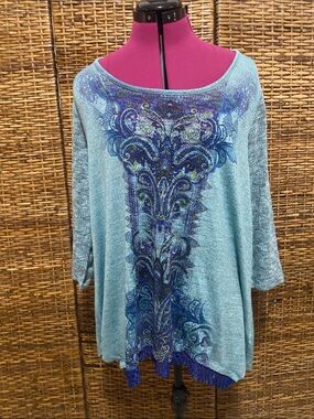 EUC World Unity Blue green rhinestone design 3/4 sleeve Lightweight Sweater XL